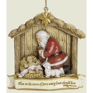 Kneeling Santa in Manger Ornament