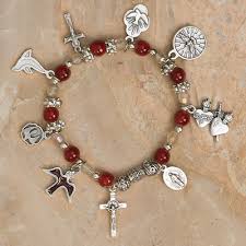 Holy Spirit Imitation Garnet Stretch Bracelet with Seven Holy Spirit Medals