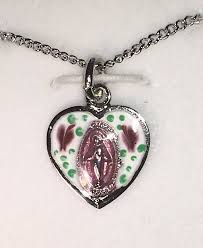 Enameled Pink Sterling Silver Heart Shaped Miraculous Medal With Chain