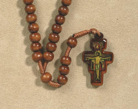 Brown Wood Corded Rosary With San Damiano Crucifix