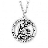 Sterling Silver Round Saint Christopher Medal with Pierced Out Figures on Chain