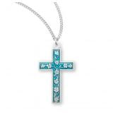 Sterling Silver Cross With Blue Floral Enamel on Chain