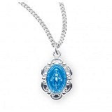 Sterling Silver Blue Enameled Oval Fancy Edge Miraculous Medal With Chain
