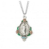 Sterling Silver Miraculous Medal with Pink Floral Border on Chain