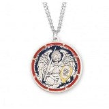 Sterling Silver Saint Michael the Archangel Round Enameled Medal With Chain
