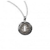 Sterling Silver Saint Benedict Round Medal with Black Cubic Zircons and Chain