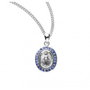 Sterling Silver Sapphire Cubic Zirconia Miraculous Medal With Chain