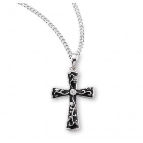 Sterling Silver Black Enameled Cross with Crystal Cubic Zirconia on 18" Chain