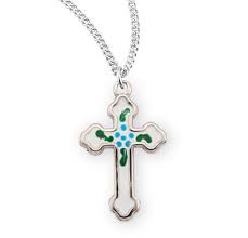 White Enameled Sterling Silver Cross Pendant Necklace With Hand Painted Blue Flowers
