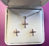 Pink Crystal Cross Earrings and Necklace Set